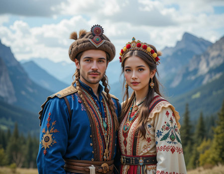 Young couple in traditional clothes on the background of the Dolomitesの素材