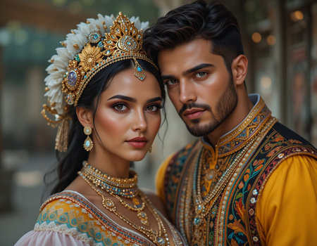 Portrait of a beautiful young couple in Indian costume in the city.の素材