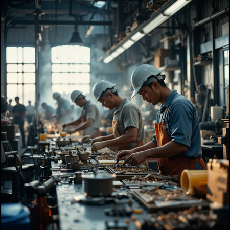 Group of factory workers working together in the factory. Industry and engineering concept.の素材