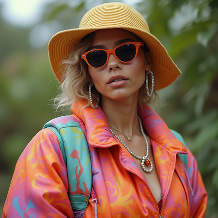 fashion outdoor photo of beautiful sensual woman with blond hair in elegant clothes and accessories posing in summer parkの素材