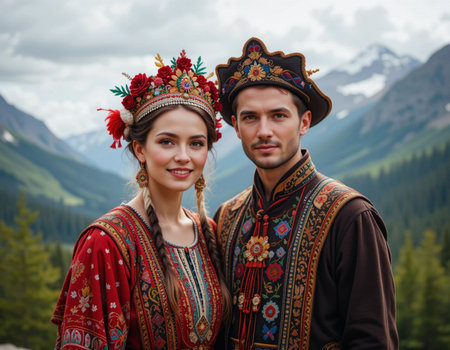 Young couple in Ukrainian national costumes on the background of high mountains.の素材
