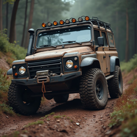 Off-road vehicle on a dirt road in the forest. Adventure and travel concept.の素材