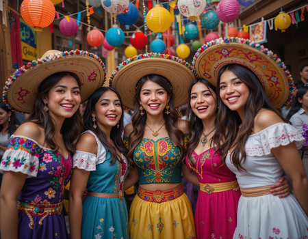 Traditional mexican women dressed in traditional costumes at the annual celebrationの素材