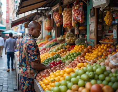 A man selling fruits in the street marketの素材