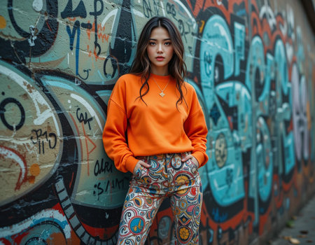 Young beautiful brunette girl in an orange sweatshirt posing against a graffiti wall.の素材