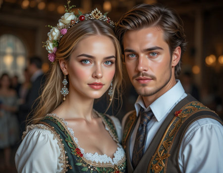 Handsome young man and beautiful woman in traditional Bavarian costume.の素材
