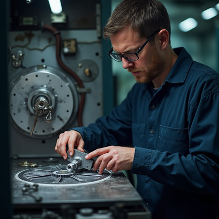Engineer working on a lathe in a factory. Light background.の素材