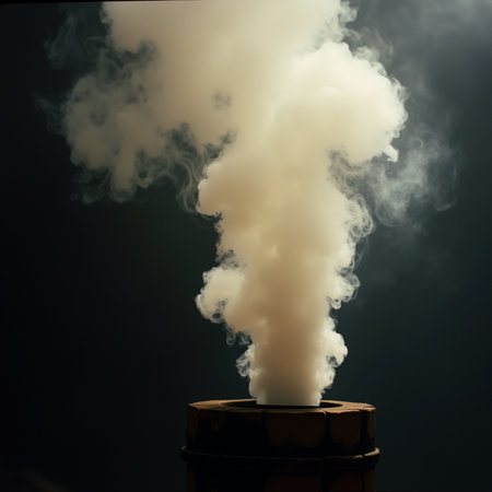 Smoke from the chimney of an industrial plant on a dark backgroundの素材
