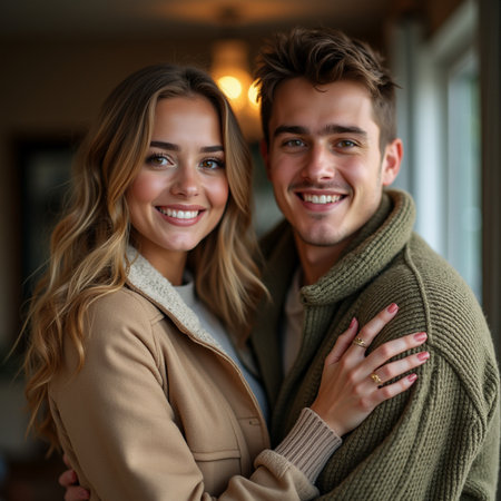 Portrait of happy young couple embracing each other and looking at cameraの素材