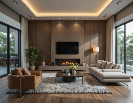 Interior of modern living room with wooden walls, wooden floor, comfortable sofa and fireplace. 3d renderingの素材