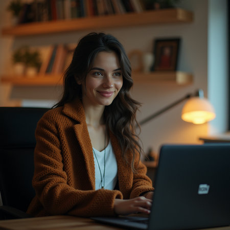 Smiling young woman using laptop computer at home in the evening.の素材