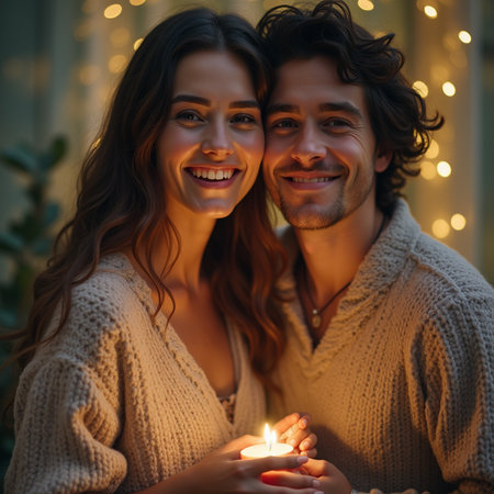 Happy young couple in love holding a burning candle and looking at cameraの素材