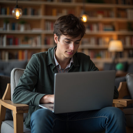 Young man using laptop while sitting on sofa in living room at homeの素材
