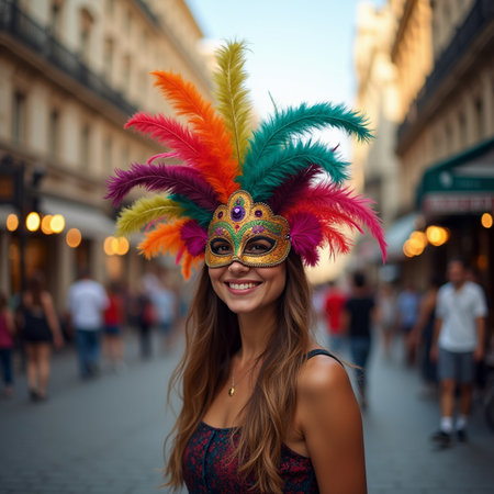 Beautiful young woman wearing colorful carnival mask in Paris, Franceの素材