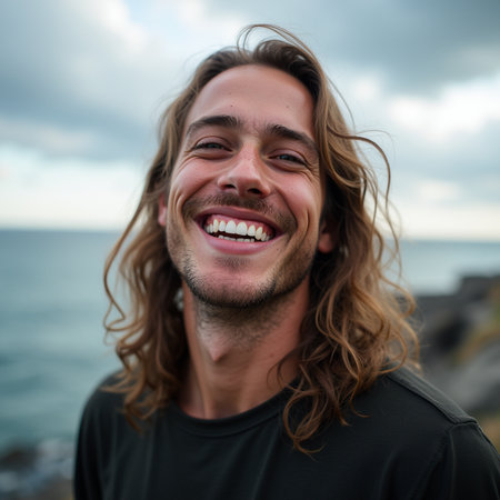 Portrait of a handsome young man with long curly hair smiling outdoorsの素材