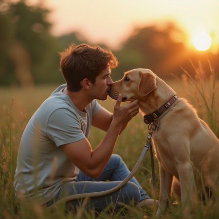 Young man with labrador retriever dog in the park at sunsetの素材