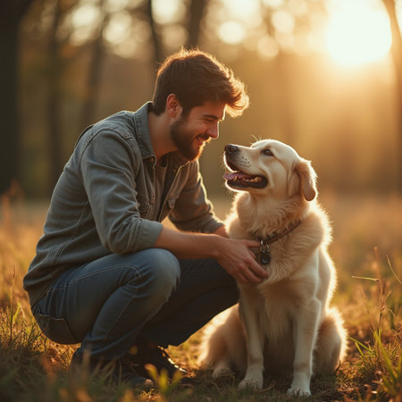 Young man with his labrador retriever in the park at sunsetの素材
