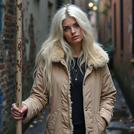 Portrait of a beautiful blonde girl in a beige coat.の素材