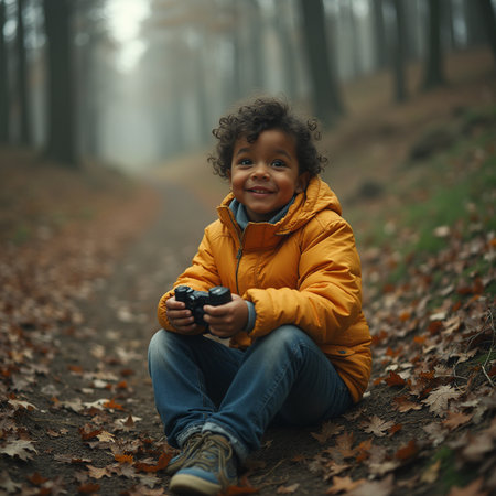 Little boy playing video game in autumn forest. African american child having fun outdoor.の素材