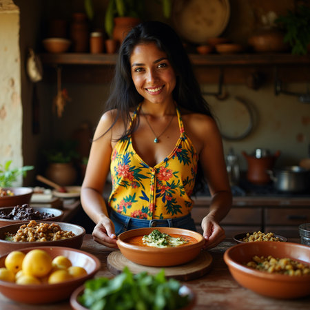 Portrait of smiling young woman cooking soup in the kitchen at homeの素材