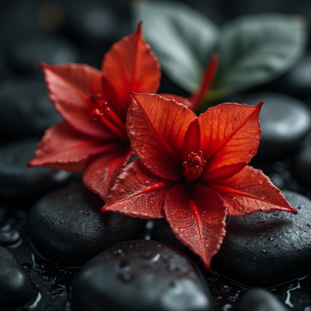 red flower on zen basalt stones with water drops, closeupの素材