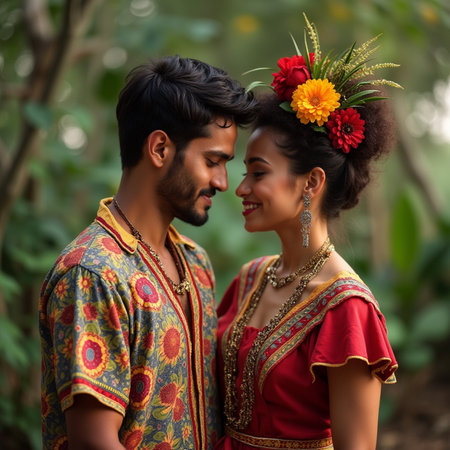 Indian couple in traditional clothes holding a flower in their hand and smilingの素材