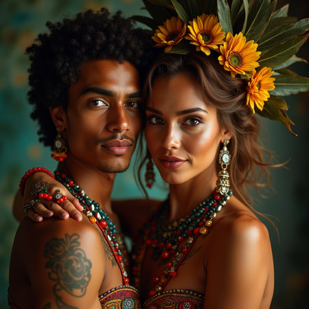 Portrait of a young African American couple with flowers in their hair.の素材