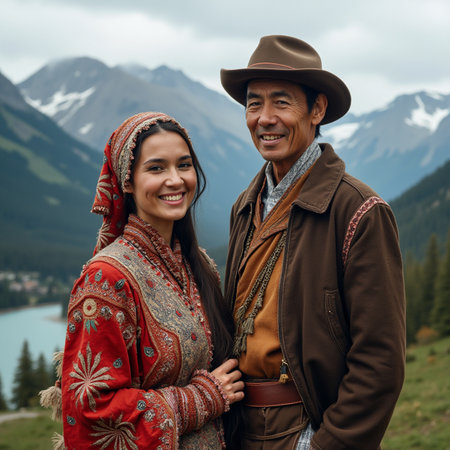 Portrait of a happy couple in traditional clothes standing in the mountainsの素材