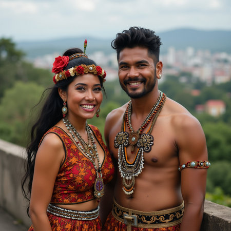 Young couple in traditional costume smiling at the camera while standing on the top of a mountainの素材
