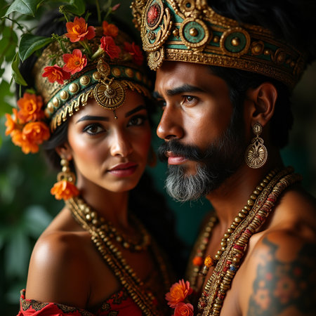 Portrait of a beautiful Indian couple wearing traditional clothes and jewelry.の素材