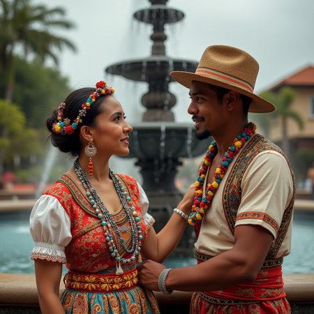 Young couple in traditional clothes at the fountain in Bali, Indonesiaの素材