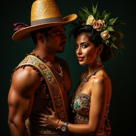 Portrait of a beautiful ethnic couple in traditional clothes on a dark background.の素材