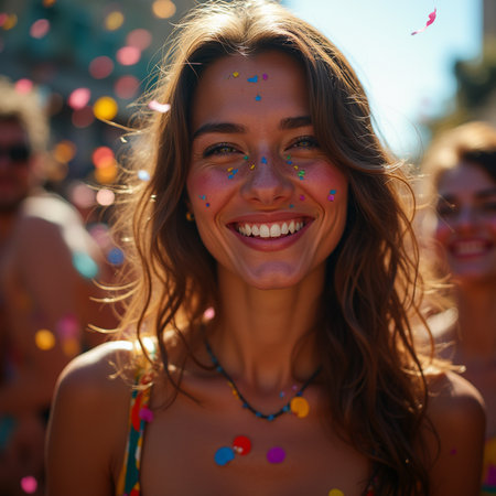 Portrait of smiling girl with confetti on her face and friends in the backgroundの素材