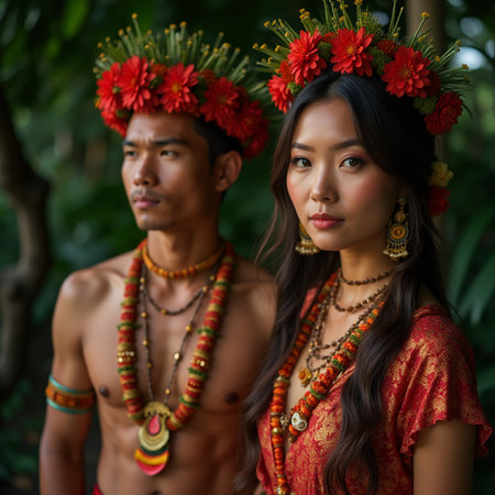 Beautiful Asian woman and man in traditional costume with flowers in their hairの素材