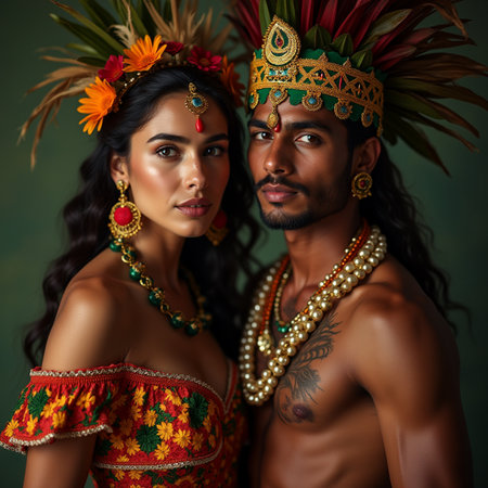 Portrait of a beautiful couple in ethnic clothes. Tribal style.の素材