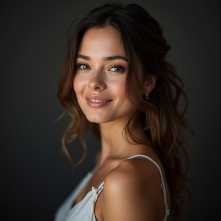 Portrait of a beautiful young brunette woman in a white dress.の素材