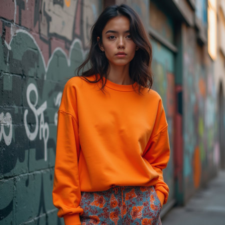 Fashion portrait of a beautiful young woman in an orange sweater and skirt posing in an urban contextの素材