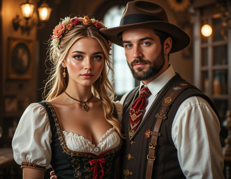 Beautiful young couple dressed in traditional Bavarian clothes posing in a pub.の素材