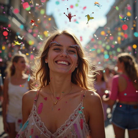 Group of friends having fun at the annual gay pride parade in Londonの素材