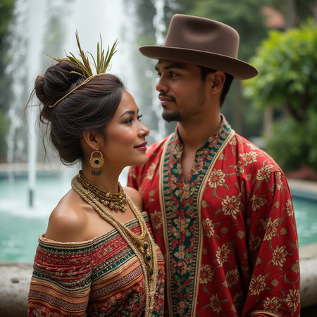 Beautiful asian couple in traditional clothes posing at the fountain.の素材