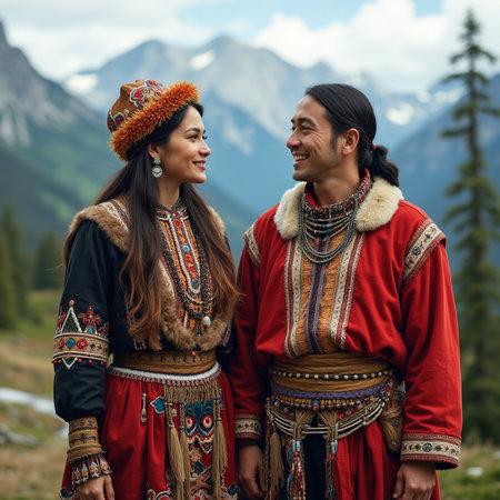 Young couple in traditional clothes on the background of mountains in the Altai Republicの素材