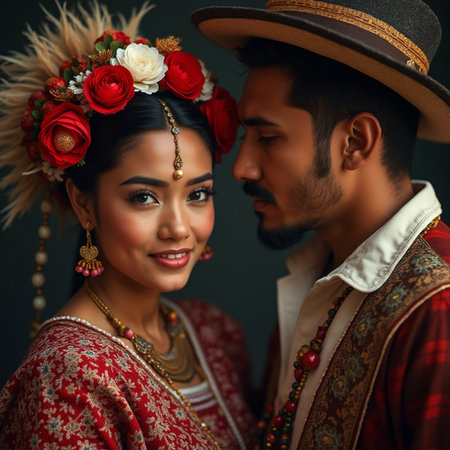 Portrait of a beautiful Asian couple in traditional clothes. Wedding photo.の素材