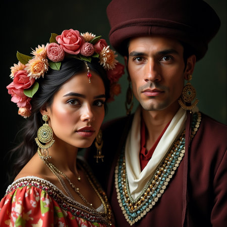 Portrait of a beautiful young couple in traditional clothes posing over dark background.の素材