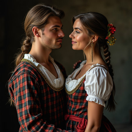 Young couple in traditional Bavarian clothes posing in studio, looking at each other.の素材