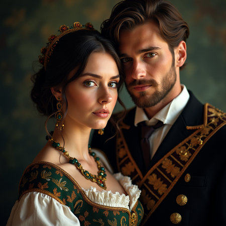 Portrait of a beautiful young couple in traditional Bavarian clothes.の素材