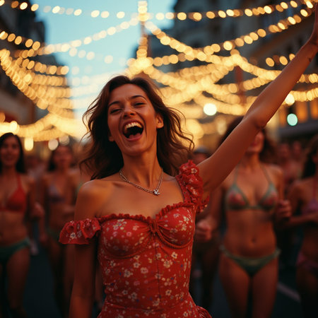 Beautiful young woman in swimsuit dancing in the city at sunset.の素材