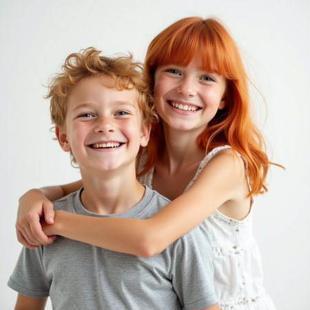 Portrait of a smiling little boy and girl embracing each other on white backgroundの素材