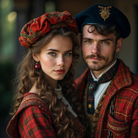 Portrait of a beautiful young couple in medieval clothes. Retro style.の素材