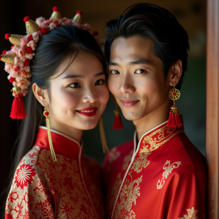 Portrait of Asian young couple in traditional Chinese clothes.の素材