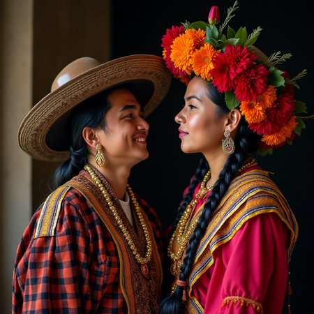 Portrait of two beautiful women in traditional costume with bouquet of flowersの素材